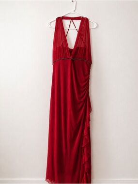 Vintage Red Halter Evening Gown + Matching Shawl | Y2K Formal Dress